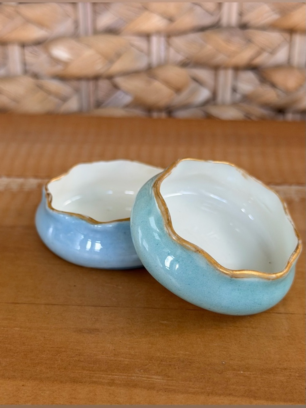2 Vintage Belleek Lenox Salt Cellars Salt Cup Blue Green White With Gold Trim